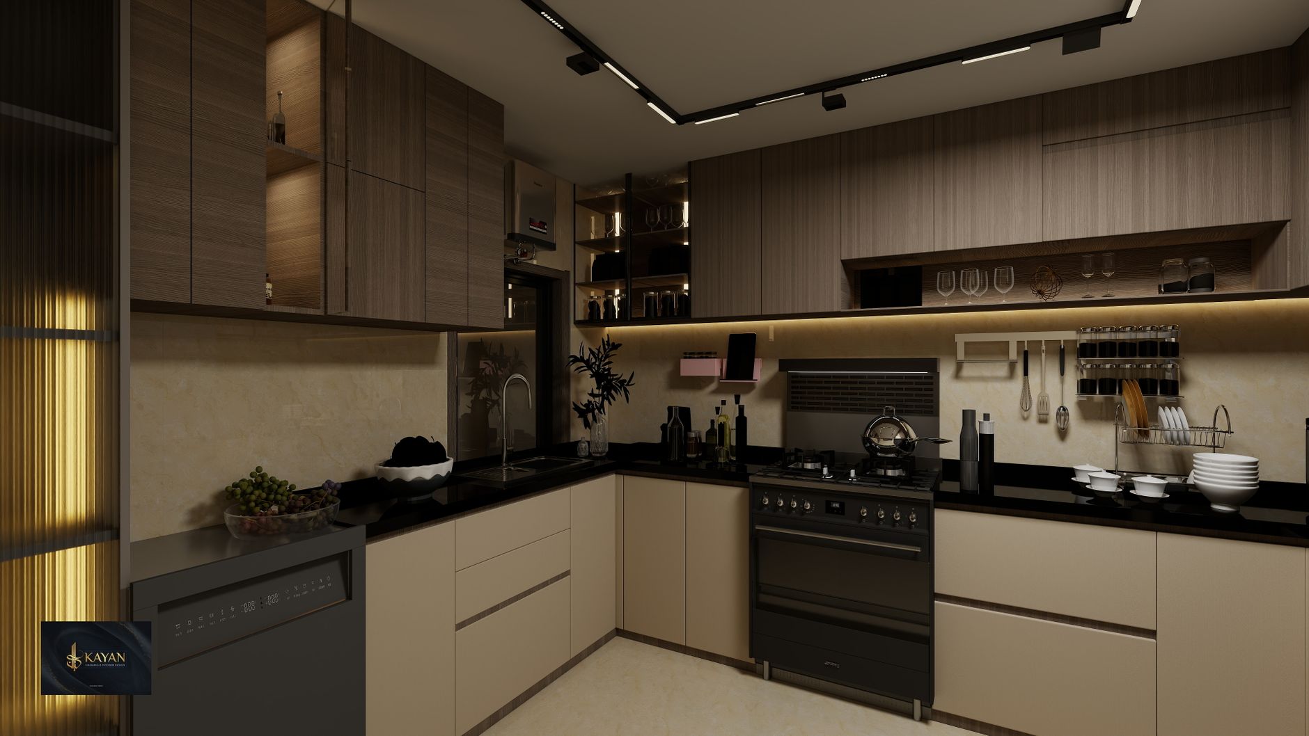 Sleek modern kitchen design featuring elegant wooden cabinetry and dark countertops in Austin, TX