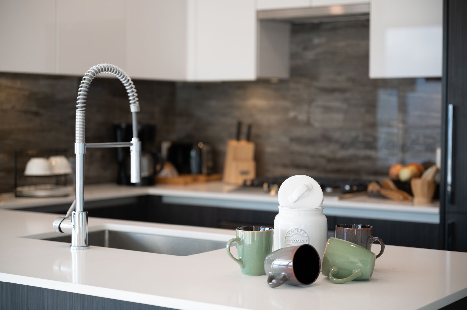 Sleek kitchen design featuring a coffee canister and mugs on a white countertop in Austin, TX
